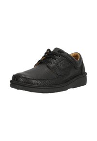 Chaussure en cuir noir à lacets avec une finition texturée, bout arrondi et un col de cheville rembourré. Équipée de lacets noirs et d'une semelle intérieure rembourrée.