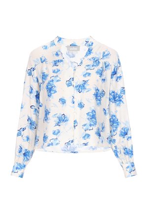 Biała bluzka z długim rękawem z niebieskim kwiatowym wzorem, zapinana na guziki z przodu, z małym stojącym kołnierzykiem.