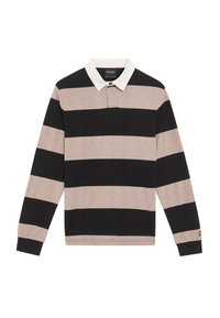 Langarm-Polohemd mit horizontalen Streifen in Beige und Schwarz, einem weißen Kragen und einem dezenten Logodetail am Ärmel.