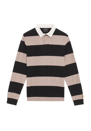 Poloshirt met lange mouwen, gekenmerkt door horizontale strepen in beige en zwart, met een witte kraag en een subtiele logodetail op de mouw.