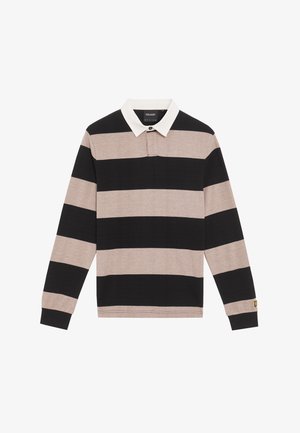 Langarm-Polohemd mit horizontalen Streifen in Beige und Schwarz, einem weißen Kragen und einem dezenten Logodetail am Ärmel.