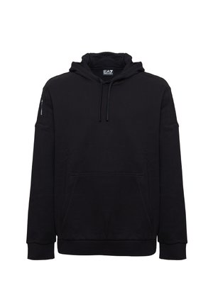 Felpa nera in cotone con cappuccio regolabile, tasca a marsupio frontale e polsini a coste. Design minimalista senza motivi o loghi visibili.