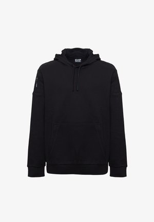 Felpa nera in cotone con cappuccio regolabile, tasca a marsupio frontale e polsini a coste. Design minimalista senza motivi o loghi visibili.