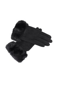 Guanti in suede nero con polsino in morbido pelliccia sintetica. Il design presenta una superficie liscia e dettagli cuciti lungo i bordi.