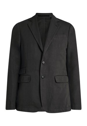 Black linen blazer with a single-breasted design, two front pockets, and three buttons. Features a notch lapel and a structured silhouette.