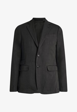 Blazer en lin noir avec un design à un seul bouton, deux poches avant et trois boutons. Comprend un col cranté et une silhouette structurée.
