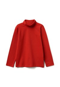 Czerwona bluzka z długim rękawem i golfem z miękkiego materiału; posiada wysoki dekolt oraz małe, tonowane haftowane logo na piersi.