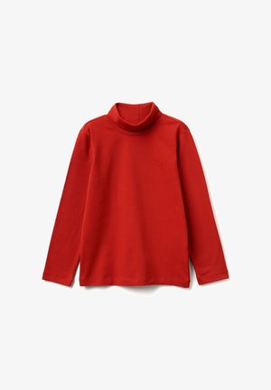 Rode turtleneck met lange mouwen in een zachte stof; heeft een hoge halslijn en een klein, ton-sur-ton geborduurd logo op de borst.