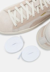 Ciemnobeżowe i jasnoszare zamszowe sneakersy z białymi sznurówkami, z okrągłym noskiem i gładką gumową podeszwą. Zawierają dwie dodatkowe białe sznurówki.