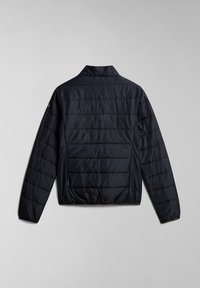 Marine blauwe pufferjack met een staand kraag, voorzien van horizontale stiksels, een zijzak en een gladde, glanzende textuur.