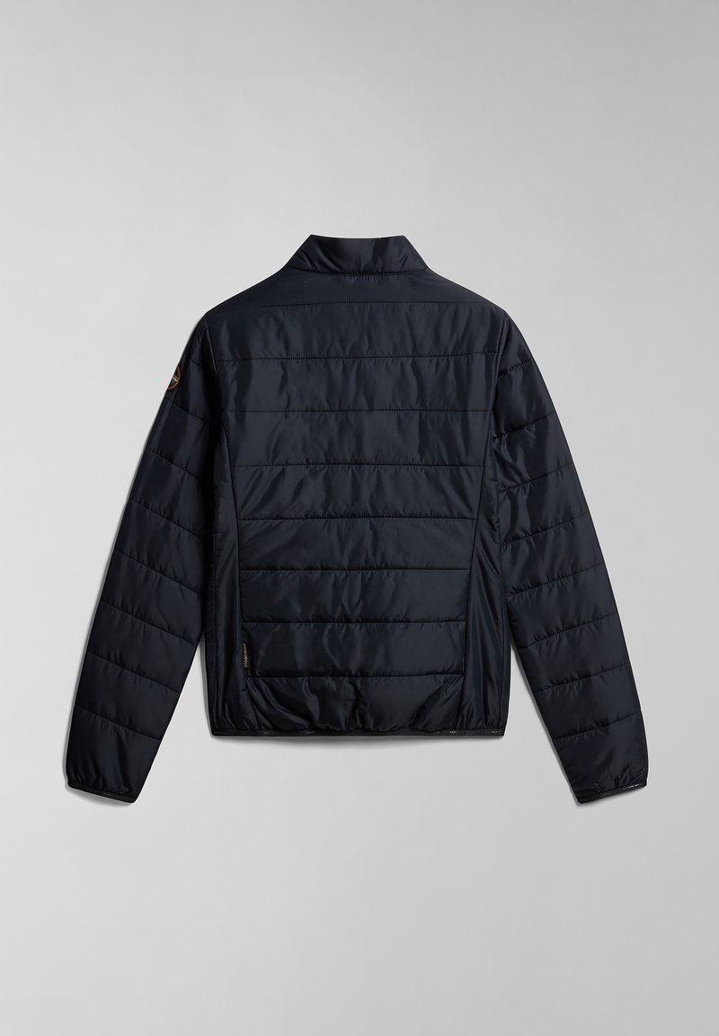 Granatowa kurtka puchowa z stójką, z poziomym przeszyciem, boczną kieszenią i gładką, błyszczącą teksturą.