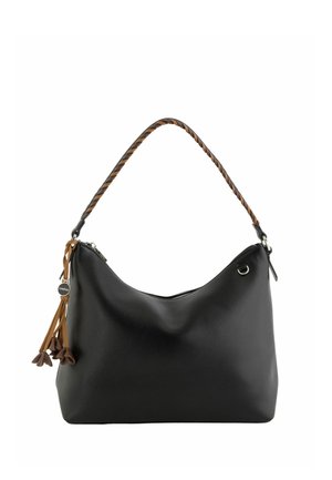 Sac à épaule en cuir noir avec anse tressée marron, fermeture éclair et pompons décoratifs marron avec extrémités en forme de fleur.