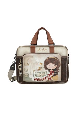 Borsa rettangolare beige e marrone con doppi manici, tasca frontale con illustrazione di una ragazza e testo "Conosci te stesso."