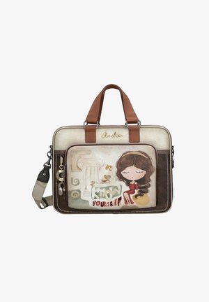 Borsa rettangolare beige e marrone con doppi manici, tasca frontale con illustrazione di una ragazza e testo "Conosci te stesso."