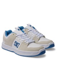 Białe i jasnoszare sneakersy z niebieskimi akcentami, posiadające cholewkę z zamszu i siateczki, gumową podeszwę oraz perforowany przód dla lepszej wentylacji.