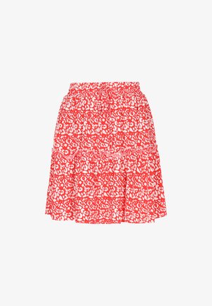 Fustă roșie cu volane, având un model abstract alb, talie elastică și material ușor pentru confort.