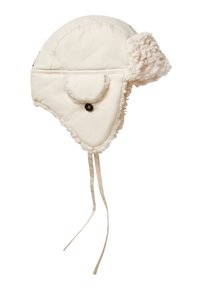 Beige stofhue med pelskant og ørerne, der har en knapdetalje og to lange bånd til at sikre den. Blød tekstur og rund form.