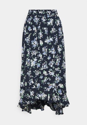 Marineblauwe midi-rok met lichtblauwe, witte en groene bloemenprint en een geplooide asymmetrische zoom.