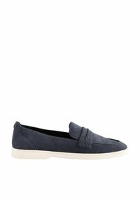 Navy suede slip-on shoes with a rounded toe and decorative strap. Features a white rubber sole and a smooth texture.