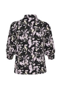 Schwarze Bluse mit pinkem und cremefarbenem abstraktem Muster, drei Viertel Puffärmeln und kragenlosem Ausschnitt. Weicher Stoff.