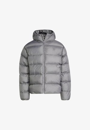 Chaqueta de plumas gris con capucha, con un diseño acolchado y cierre de cremallera. Fabricada en un material brillante y suave con puños elásticos.