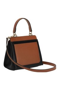 Brown and black structured handbag with a textured finish, a top handle, and a removable shoulder strap. Features gold hardware accents.
