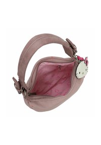 Borsa sintetica rosa a forma arrotondata, con texture morbida, dotata di una cerniera a forma di faccia di Hello Kitty e un interno a fantasia.