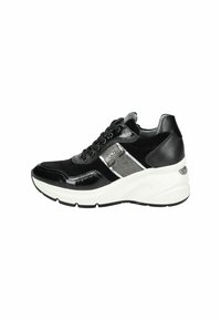 Black sneaker featuring glossy leather and suede accents, a white thick sole, grey panel, and black laces. Side logo detail present.