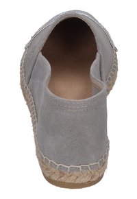 Gray suede espadrille with a rounded toe, detailed stitching, and a natural jute sole. Soft texture and lightweight design.