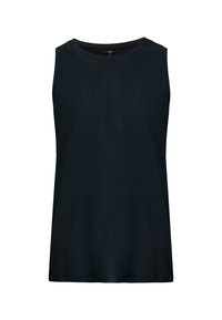 Svart ärmlös topp gjord av mjukt tyg, med rund hals och avslappnad passform. Slät textur utan synliga mönster eller detaljer.