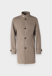 Abrigo de mezcla de lana marrón con un cuello alto, botones frontales y un bolsillo en el pecho. Cuenta con bolsillos laterales y detalles de puños abotonados.