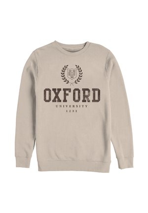 Beżowa bluza z okrągłym dekoltem i długimi rękawami z nadrukiem "Oxford University 1231" oraz emblematem wienca laurowego w ciemnobrązowym kolorze.