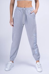 Gray sweatpants with elastic waistband and drawstring, featuring side pockets and a light blue logo print on the left leg.
