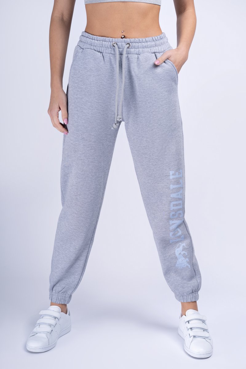 Gray sweatpants with elastic waistband and drawstring, featuring side pockets and a light blue logo print on the left leg.