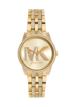 Goldfarbene Michael Kors Uhr mit kristallbesetztem MK-Logo und Armbandgliedern, rundem Zifferblatt und drei goldenen Zeigern zur Zeitangabe.