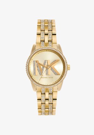 Goldfarbene Michael Kors Uhr mit kristallbesetztem MK-Logo und Armbandgliedern, rundem Zifferblatt und drei goldenen Zeigern zur Zeitangabe.