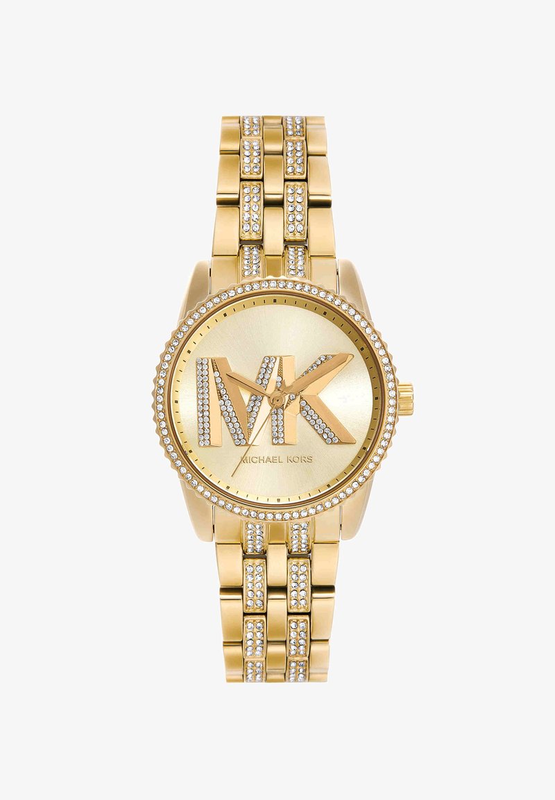 Goldfarbene Michael Kors Uhr mit kristallbesetztem MK-Logo und Armbandgliedern, rundem Zifferblatt und drei goldenen Zeigern zur Zeitangabe.