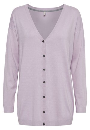 Violet džemperis ar V veida kaklu, garām piedurknēm, melnu pogu aizdari priekšpusē, un ribotām aprocēm un apakšmalu. Mīksta, viegla tekstūra.