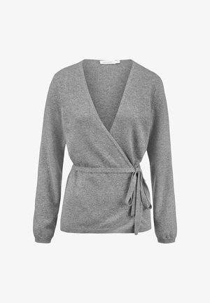 Grauer Wickelsweater aus weichem Stoff, mit einem tiefen V-Ausschnitt, langen Ärmeln und einem Bindegürtel in der Taille für eine anpassbare Passform. Insgesamt glatte Textur.