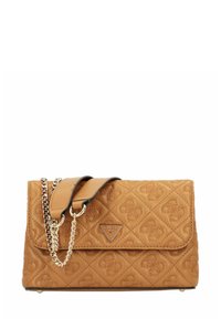 Hellbraune gesteppten Handtasche mit dekorativem Muster, silberner Kettenriemen und Klappe mit dreieckigem Markenlogo.