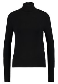 T-shirt noir à manches longues en maille côtelée légère ; présente une coupe ajustée et un col montant, sans embellissements supplémentaires.