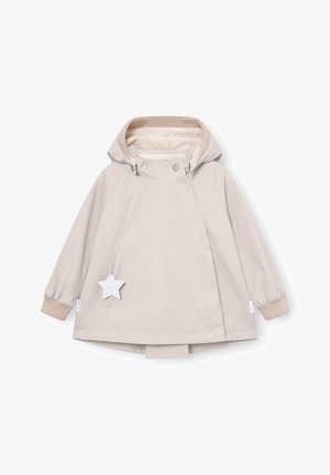 Világos bézs gyermek kapucnis dzseki bordázott mandzsettákkal, patentgombos zárral és bal oldalon csillag alakú lógó címkével.