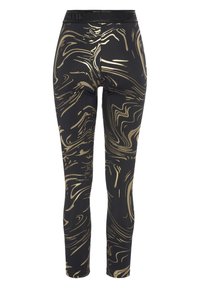 Black leggings with gold marbled pattern, stretchy fabric, and a wide black waistband featuring the brand name in raised lettering.