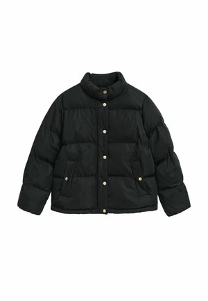 Giacca a vento nera con colletto alto, caratterizzata da bottoni a pressione dorati e due tasche laterali; texture trapuntata con una vestibilità comoda.