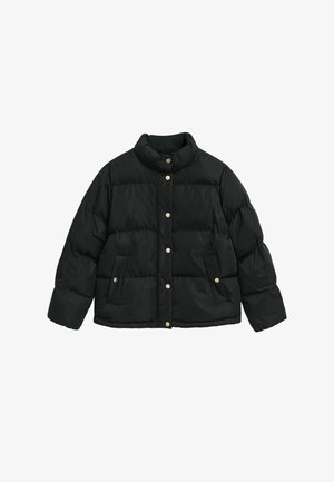 Schwarze Steppjacke mit hohem Kragen, ausgestattet mit goldenen Druckknöpfen und zwei Seitentaschen; gesteppte Textur mit lockerer Passform.