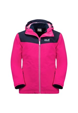 Růžová nepromokavá bunda s tmavě modrou horní částí, zapínání na zip, kapuce a kontrastními akcenty. Obsahuje fleecovou podšívku a detail loga.