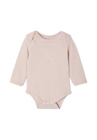 Long-sleeve baby bodysuit in soft pink with white stripes. Features a round neckline and snap closure at the bottom. Made of lightweight fabric.