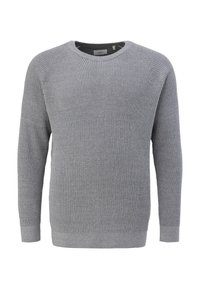 Grau gerippter Strickpullover mit langen Ärmeln und Rundhalsausschnitt, auf einem weißen Hintergrund präsentiert.