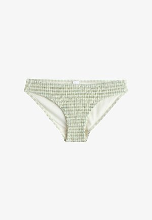 Zöld mintás bikini alsó smocked részletekkel, rugalmas derékrésszel és kontraszt anyaggal az oldalán. Sima textúrájú és középhasú fazonnal.