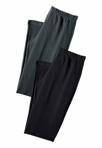 Twee paren leggings: één donkergroen en één zwart. Beide hebben een elastische tailleband en een gladde, rekbare stof.
